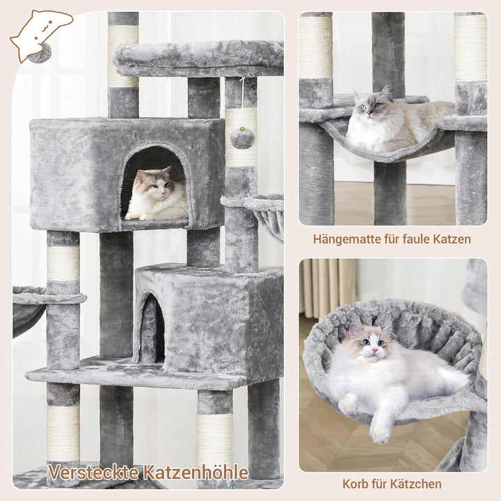 MSmask Kratzbaum gross, 180 cm hoch Katzenbaum mit Sisalstämmen, 2 Plattformen, 2 Katzenhöhlen, Korb