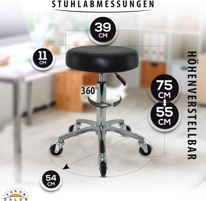 Premium Rollhocker höhenverstellbar von 55 bis 75 cm - Rundsitz - Drehhocker Arbeitshocker Praxishoc