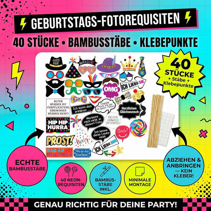 Lustige Geburstagsparty Fotobox Requisiten – 42 Stück – Für 18., 30., 40., 50., 60., 70., 80. & 90.