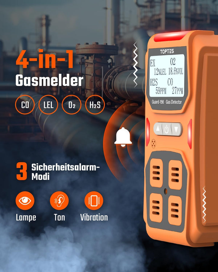 TopTes Guard-156 Gasmelder, 4 Gasmelder Für H2S, CO, LEL und O2, mit 3 Alarmmodi (visuell, Vibration