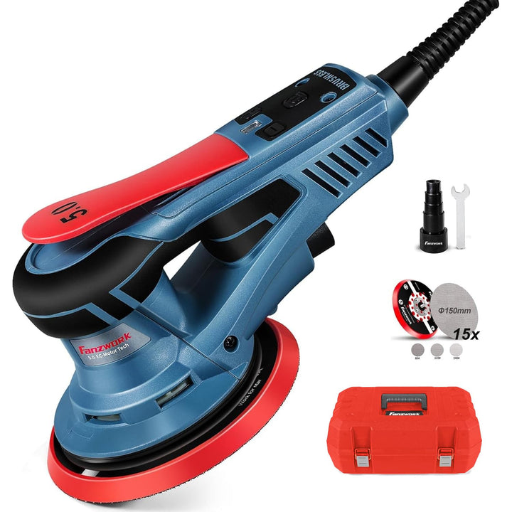 FANZWORK Bürstenloser Exzenterschleifer EZ150A mit Tragkoffer, 5mm Schleifhub,150mm Schleifteller, 3