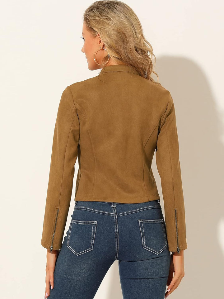 Allegra K Damen Faux Wildleder Jacke Stehkragen Reissverschluss Kurze Bikerjacke XS Braun, XS Braun
