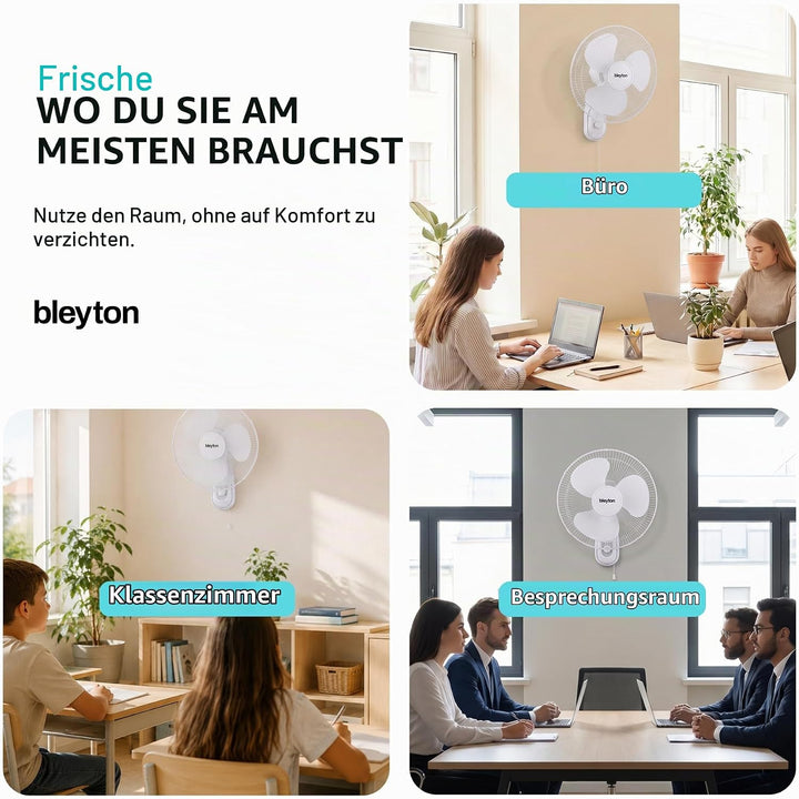 BLEYTON Leiser Wandventilator Weiss 40W CLASSIC WALL | Wandventilator mit Zugschalter, 90° Oszillati