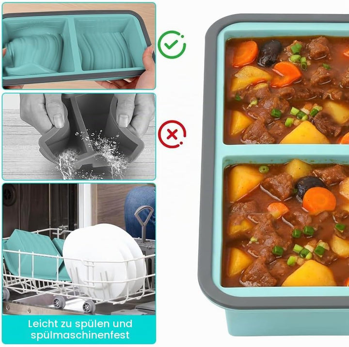 2 Stück Silikon Gefriertablett mit Deckel, 500ml Suppen Einfrieren Behälter mit 2 Fächern, Suppe Gef