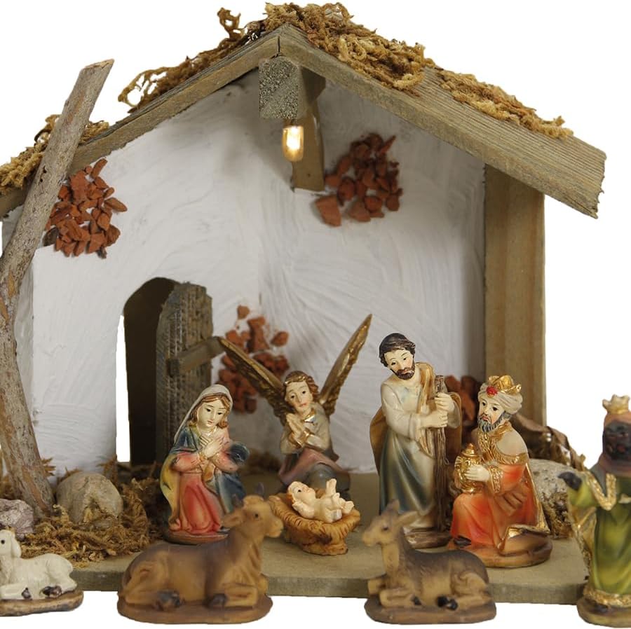 FADEDA Stall Edeldorf mit Licht/Höhe:13 cm/handbemalt/detailgetreue Krippen Figuren - Weihnachten Ti