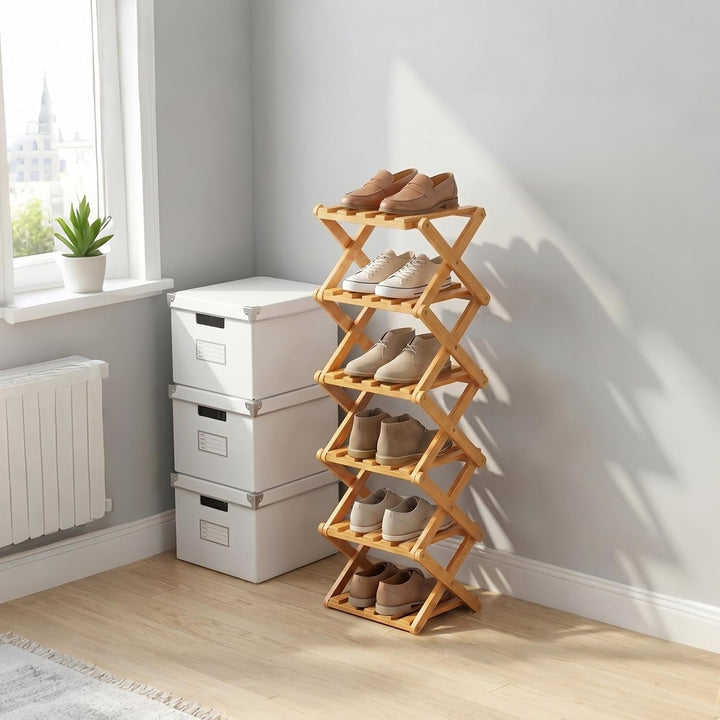 Faltbares Schuhregal Bambus Schmal Ohne Montage 26x26x88cm Natur | Integrierter Klappmechanismus, fe