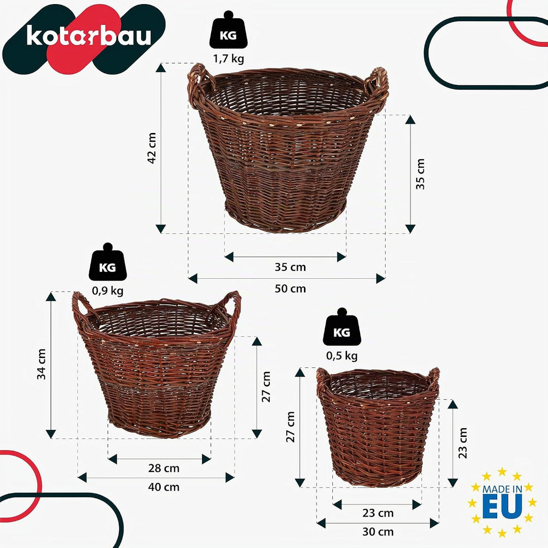 KOTARBAU® 3er Set Weidenkorb mit Griffen - ø 30 cm/ø 40 cm/ø 50 cm - Blumen Korb - Aufbewahrung von