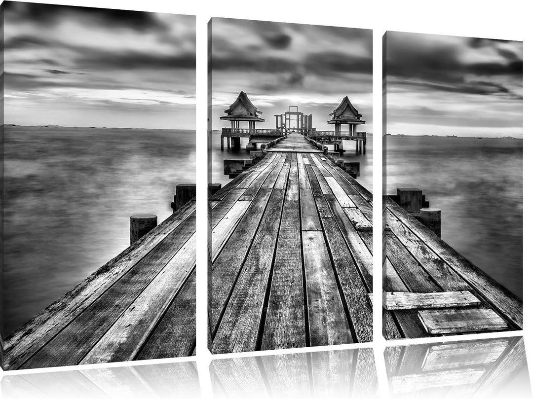 Pixxprint Monocrome, Bootssteg im Sonnenuntergang 3-Teiler Leinwandbild 120x80 Bild auf Leinwand
