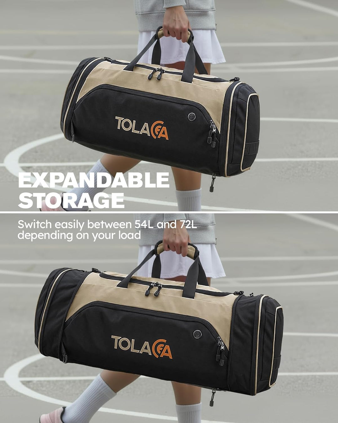 Tolaccea Sporttasche 56–70L für Herren & Damen – Erweiterbare Reisetasche mit Schuhfach & Nassfach,