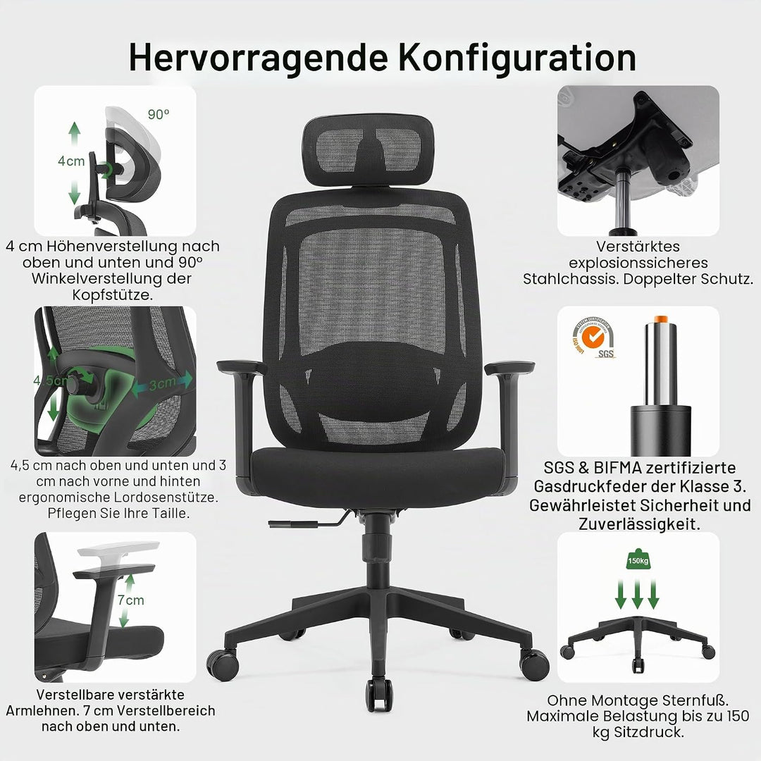 CALIYO Icon-H Bürostuhl Ergonomisch, Schreibtischstuhl mit Verstellbarer Kopfstütze, Armlehnen, Lend