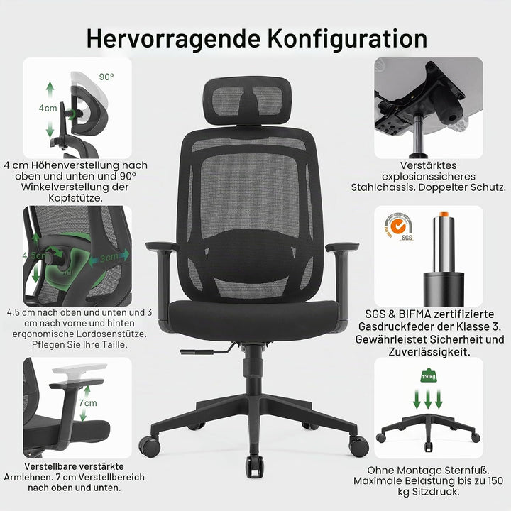 CALIYO Icon-H Bürostuhl Ergonomisch, Schreibtischstuhl mit Verstellbarer Kopfstütze, Armlehnen, Lend