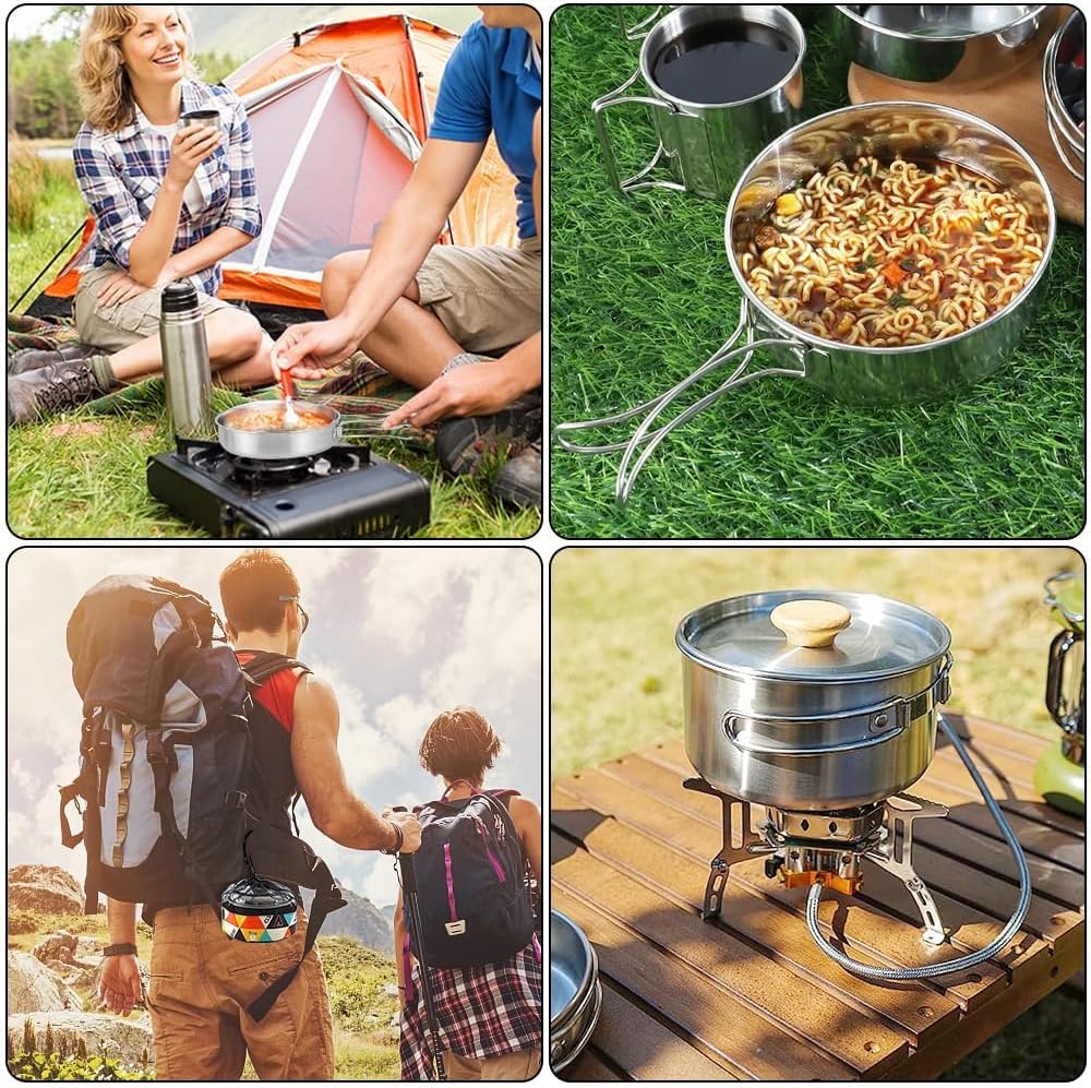 Camping Kochgeschirr Set, Camping Topf Edelstahl Camping Kochtopf mit Deckel und faltbarem Griff Tra