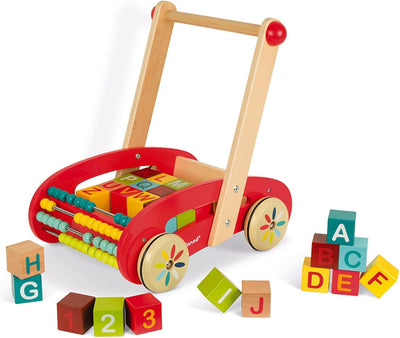 Janod - Tatoo Abc Buggy Wooden Walker for Children - 30 Blocks Included - For children from the Age