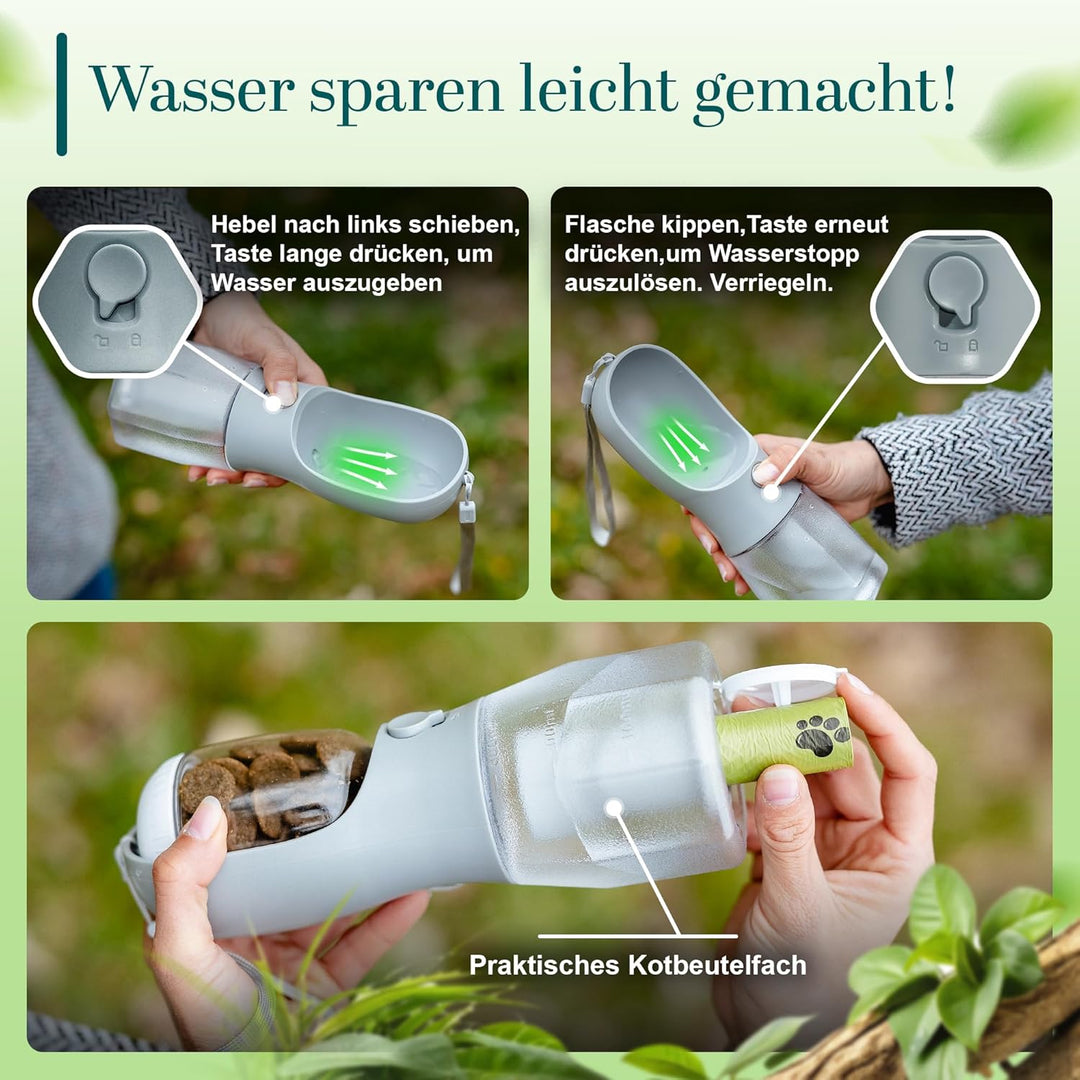 Hundetrinkflasche 300ml – 3-in-1 Trinkflasche mit Napf & Rücklauffunktion – 100% auslaufsicher, BPA-