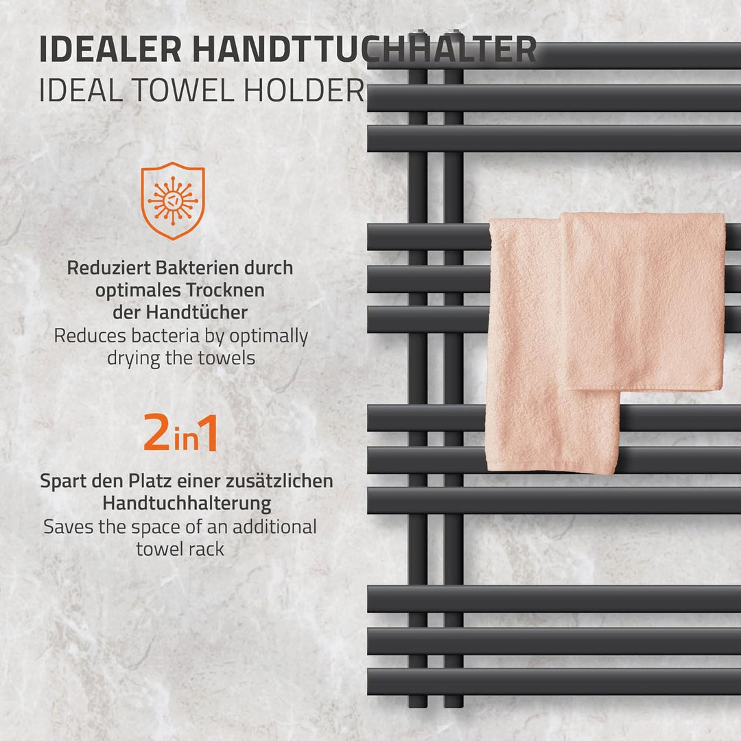 ECD Germany Iron EM Design Badheizkörper Elektrisch mit Heizstab 600 W - 600 x 1000 mm - Anthrazit -