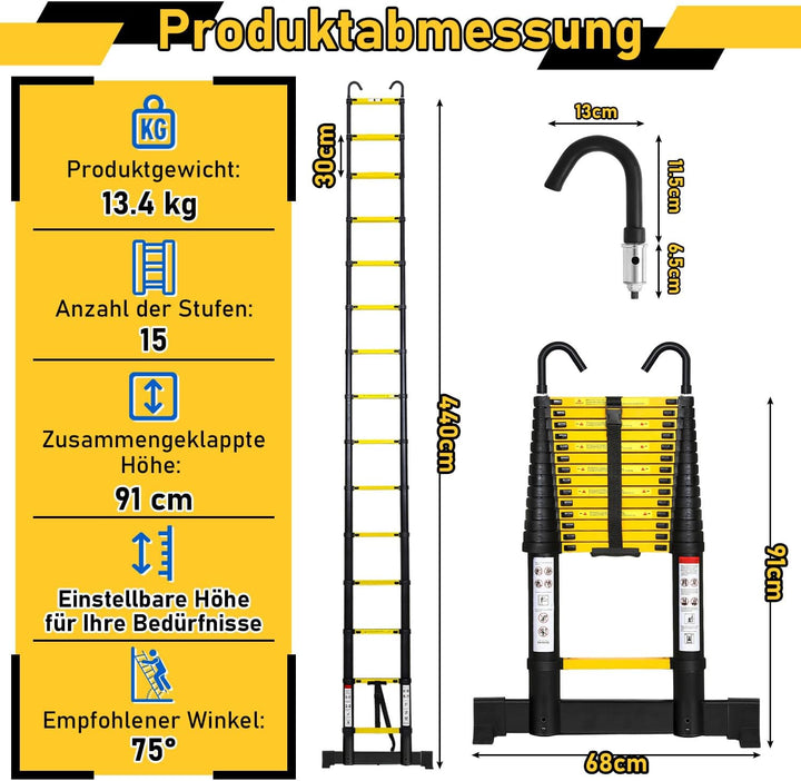 Teleskopleiter 4.4m Multifunktion Teleskop-Design Alu-teleskopleiter Fingerschutz Ausziehleiter Tele