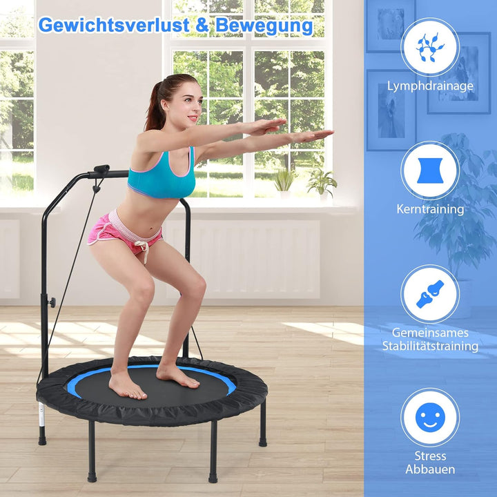 GOPLUS Fitnesstrampolin Indoor, φ101cm Mini Trampolin mit verstellbarem Griff, Bodentrampolin klappb