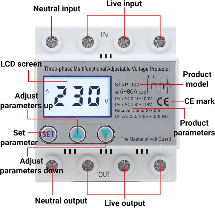 Überspannungsschutz, Einstellbarer Spannungsschutz STVP-932 230V/400V AC 3-Phasen-LCD-Multifunktions