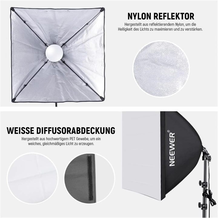 Neewer 60x60cm Softbox mit E27 Sockel 700W Studioleuchte Softbox Set, für Fotostudio-Porträts, Produ