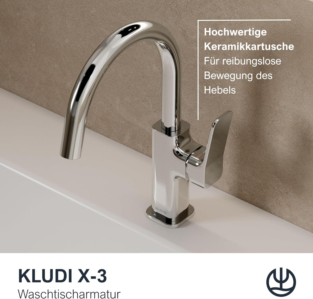 KLUDI-X3 Waschtischarmatur, 360° schwenkbar, Auslaufhöhe 180 mm, wassersparender Wasserhahn Bad Grös