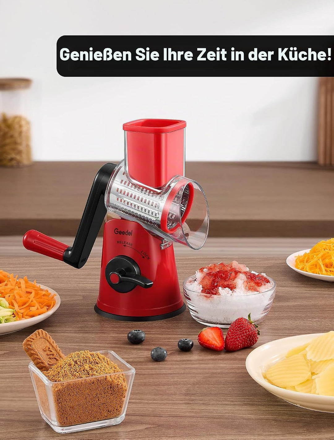 Geedel Käsereibe mit Kurbel, Gemüsehobel mit 5 Edelstahl Austauschbaren Trommelklingen, Starkem Saug