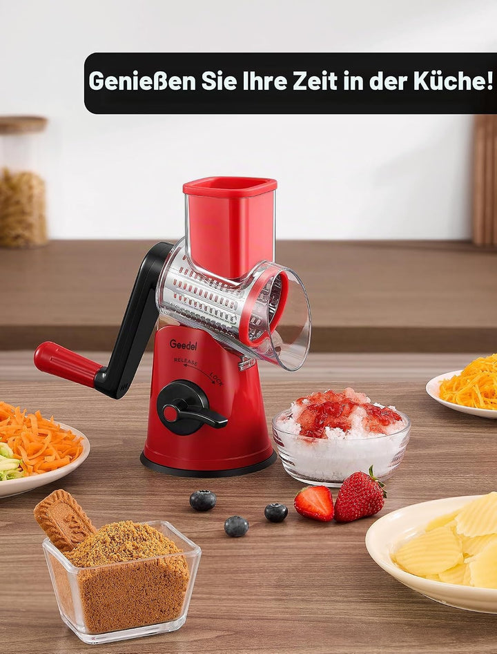 Geedel Käsereibe mit Kurbel, Gemüsehobel mit 5 Edelstahl Austauschbaren Trommelklingen, Starkem Saug
