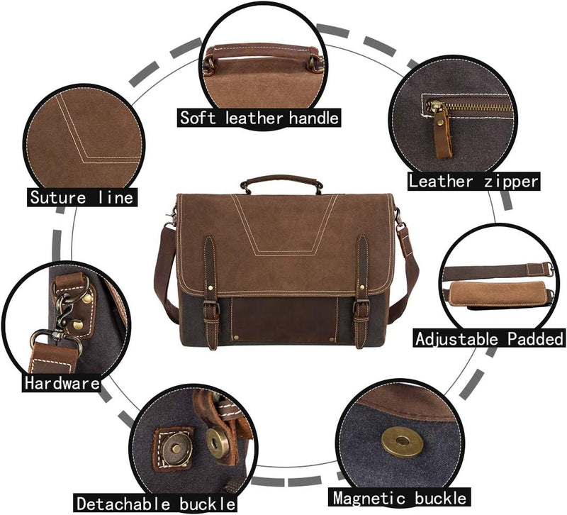 NEWHEY Umhängetasche Herren Aktentasche laptoptasche Leder Wasserdichte Canvas Messenger Bag Arbeits