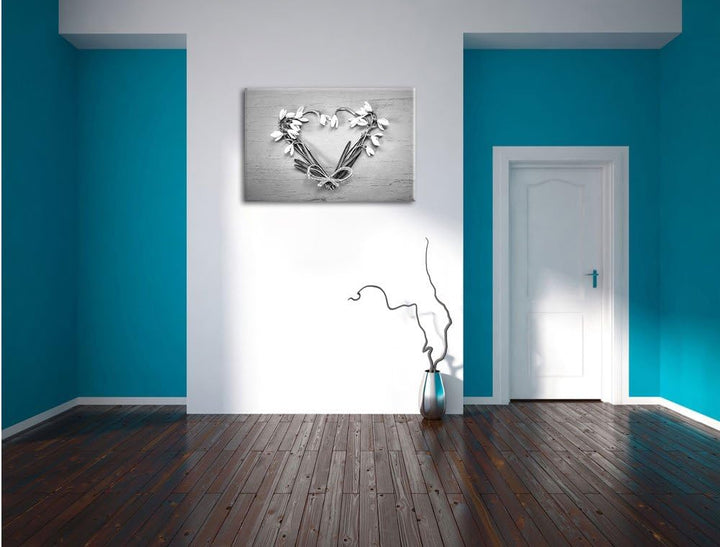 Herz aus Blumen Kunst B&W, Format: 100x70 auf Leinwand, XXL riesige Bilder fertig gerahmt mit Keilra