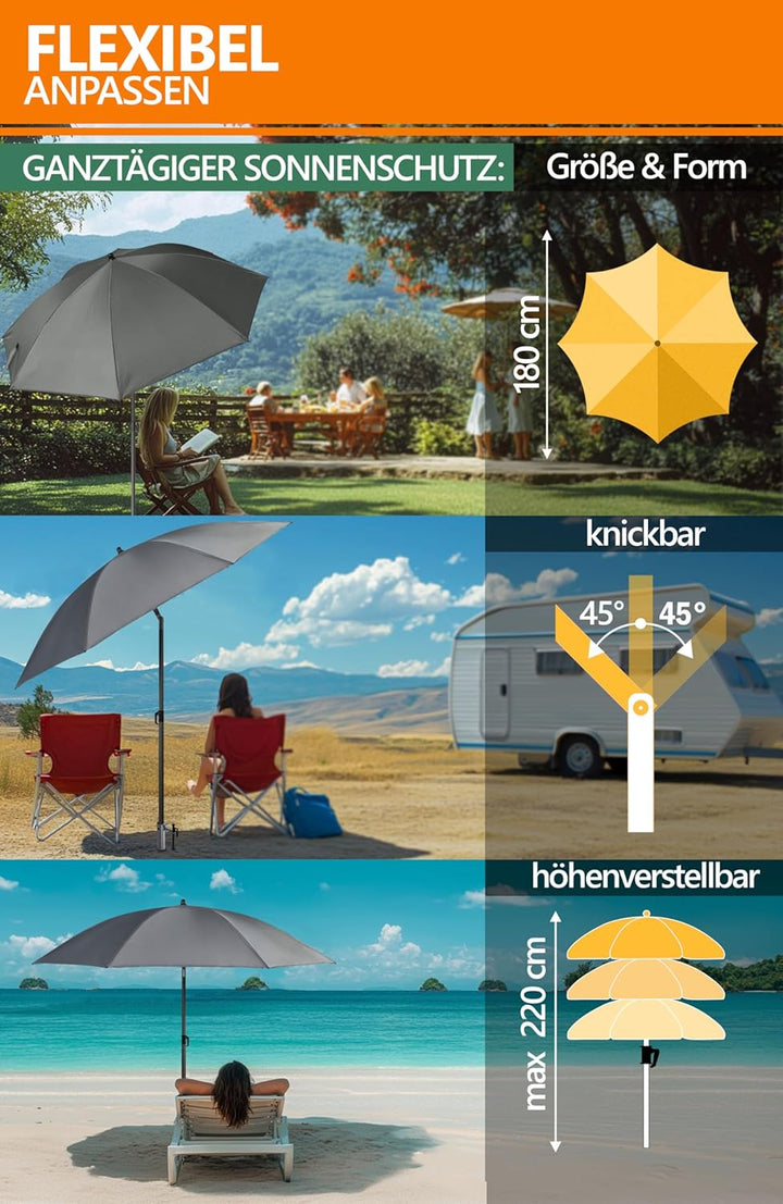 4smile Sonnenschirm Strand 3-IN-1-SET, Ø180 cm Strandschirm windfest stabil + Schutzhülle + Eindrehb
