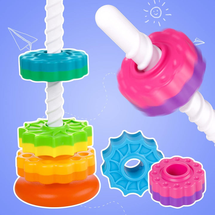35cm Stapelturm mit Drehfunktion, Regenbogen-Stapelringe Spielzeug für Kinder, Zweifarbige drehende