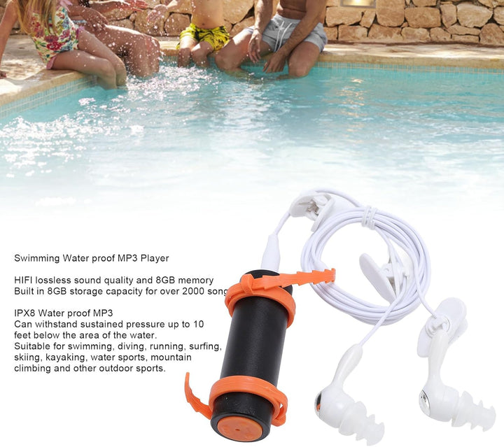 IPX8 wasserdichter MP3 Player 8GB Schwimm Musik Player mit HiFi Klang, Wasserdichten Kopfhörern, Alu