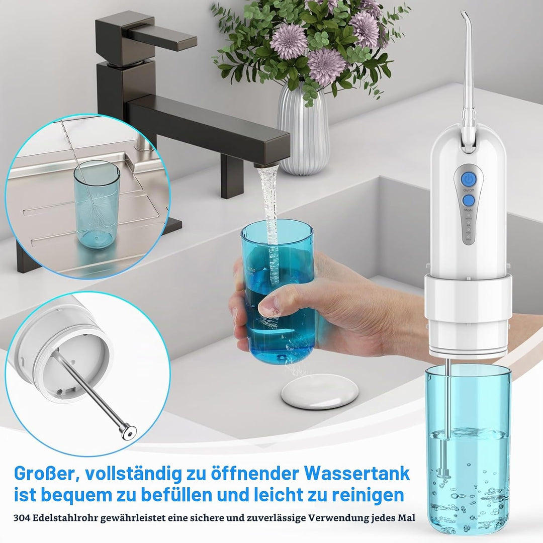 UODIR Munddusche Kabellos, Tragbarer Mini-Wasserzahnreinige mit Etui, 4 Modi und 5 um Ersatzdüsen, E
