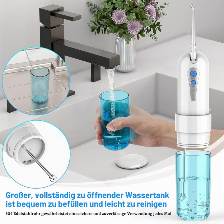 UODIR Munddusche Kabellos, Tragbarer Mini-Wasserzahnreinige mit Etui, 4 Modi und 5 um Ersatzdüsen, E