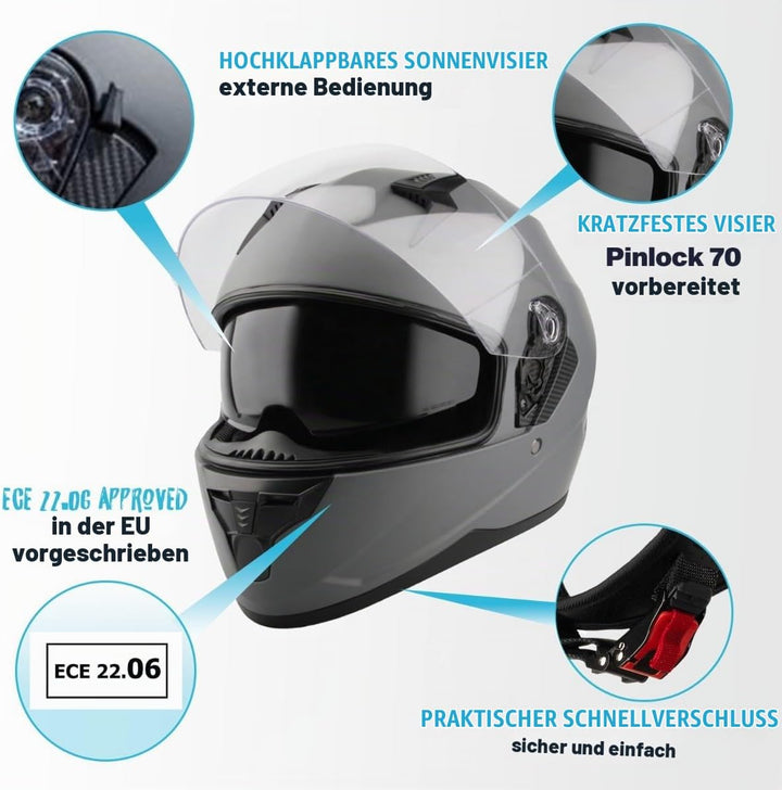 VINZ Kennet Integralhelm mit Sonnenblende | ECE 22.06 &amp; PINLOCK vorbereitet | Motorradhelm für Herre