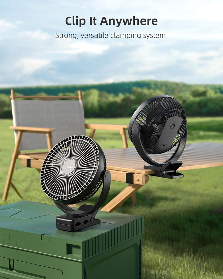Koonie 20cm Tragbarer Clip-On-Ventilator, USB-Tischventilator mit 10.000 mAh Akku, 4 Geschwindigkeit