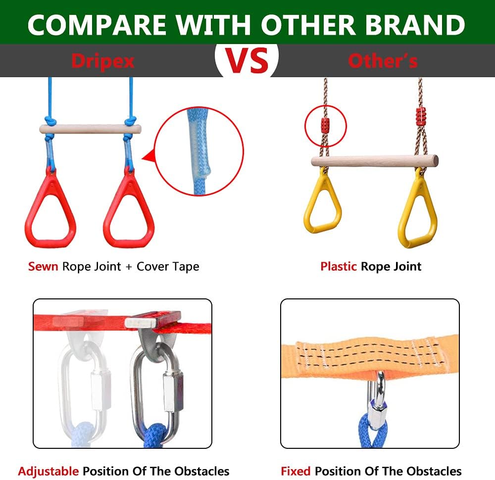 Ninja Warrior Hindernisparcours für Kinder - 15m×2 Ninja Slackline und 10 langlebige Hindernisse - O