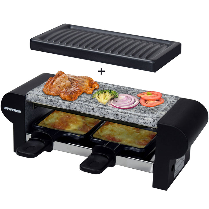 Syntrox Germany Edelstahl Design Raclette Glarus mit Grillplatte und Platte Heisser Stein für 2 Pers