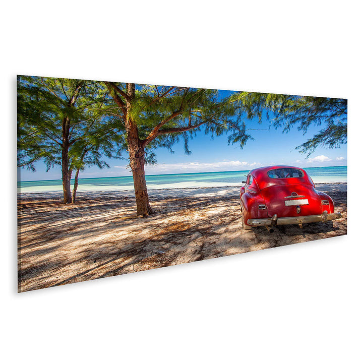 islandburner Bild auf Leinwand Oldtimer Rot Strand Kuba Bilder Wandbilder Poster Leinwand 120x40cm -