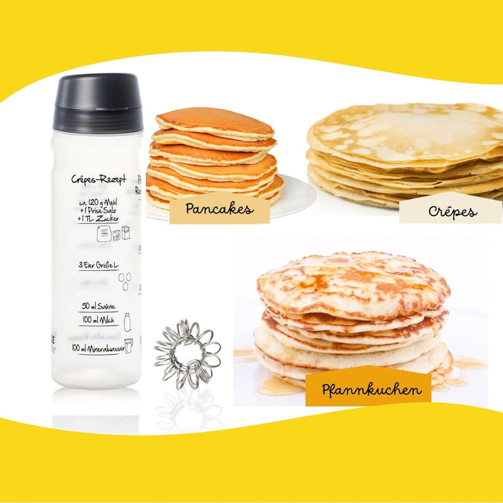 Pfannkuchen-Shaker (ANTHRAZIT) für 4 Portionen (875ml) Pfannkuchenteig mit Rezeptaufdruck für Pfannk