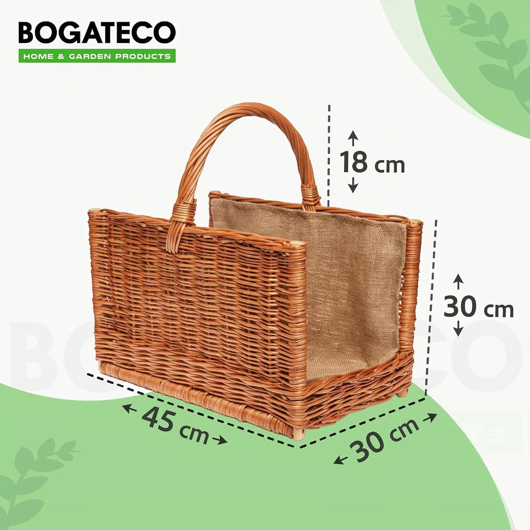 BOGATECO Weidenkorb mit Griff quadratisch | Kaminkorb 45X30X30 | Handgewebt | Mit Jute ausgekleidete