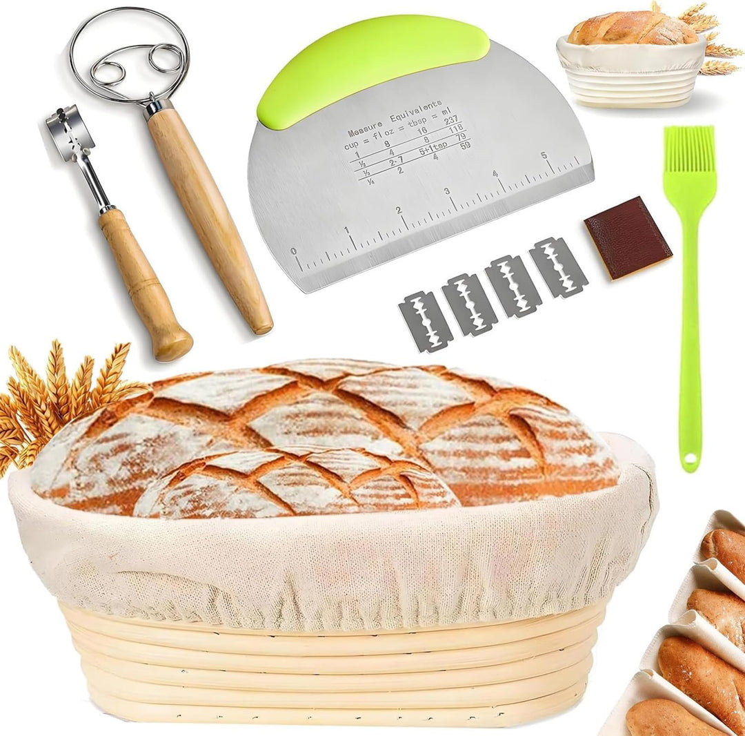 9-teilig Gärkorb Brot Set,25cm Gärkörbchen zum Brotbacken, Sauerteig Starter Set, Einschliesslich Te