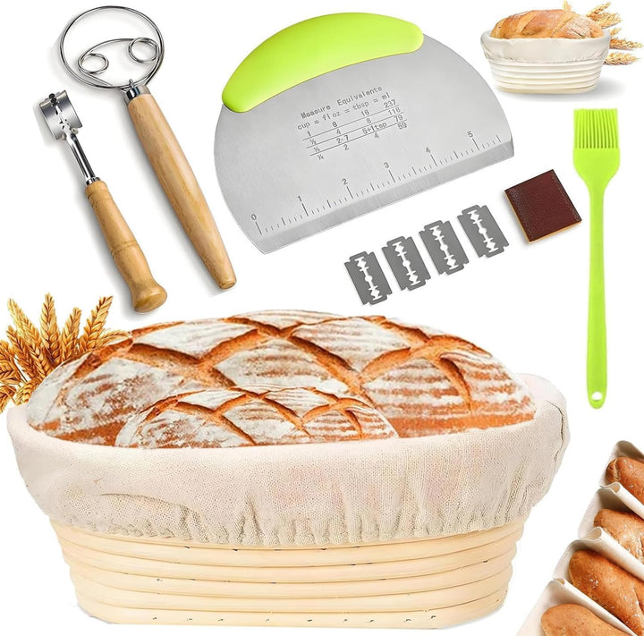 9-teilig Gärkorb Brot Set,25cm Gärkörbchen zum Brotbacken, Sauerteig Starter Set, Einschliesslich Te