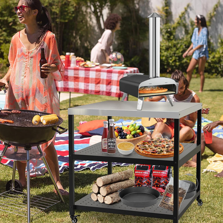 Onlyfire Robuster Pizzatisch, Grilltisch Servierwagen Outdoor mit Edelstahloberfläche und 4 Rollen,