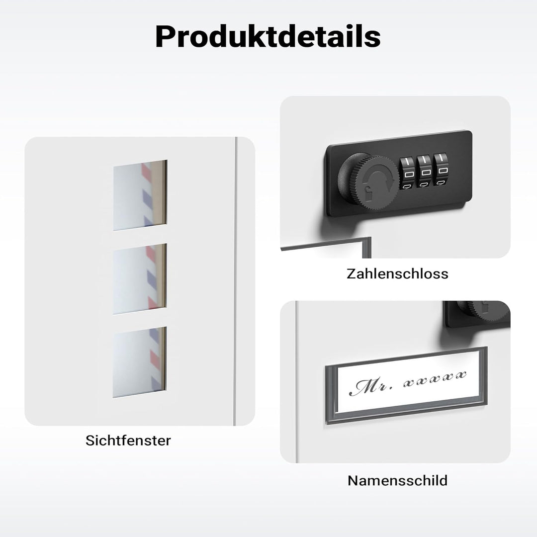 Wiltec Briefkasten weiss 215x320x90mm Briefkasten mit Zahlenschloss, Namensschild und Sichtfenster P