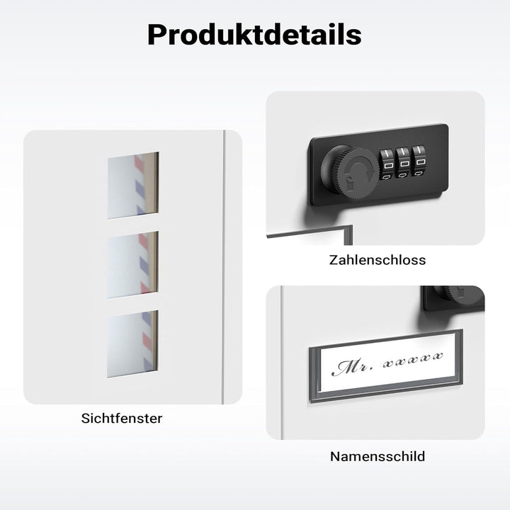 Wiltec Briefkasten weiss 215x320x90mm Briefkasten mit Zahlenschloss, Namensschild und Sichtfenster P
