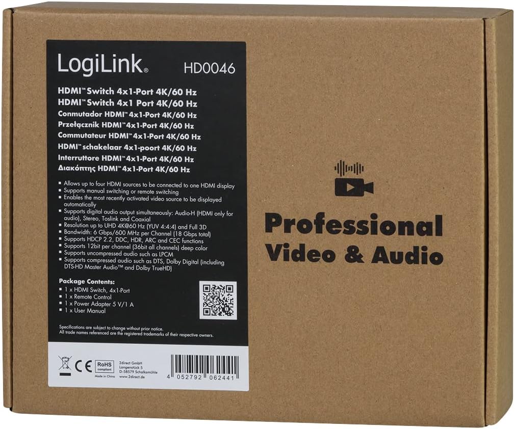 LogiLink HD0046 - HDMI-Switch 4-Port, 4 Eingänge/1 Ausgang (4X Video auf 1x TV), 4K/60 Hz, Audio-Ext