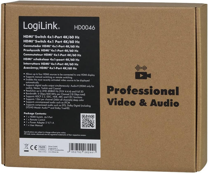 LogiLink HD0046 - HDMI-Switch 4-Port, 4 Eingänge/1 Ausgang (4X Video auf 1x TV), 4K/60 Hz, Audio-Ext
