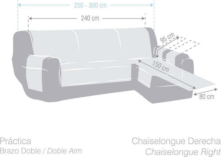 Eysa Praktische Sofahüllen, Chaise Longue 240 cm, Rechte Vorderansicht, Stoff, Weiss, Drei Quadrate