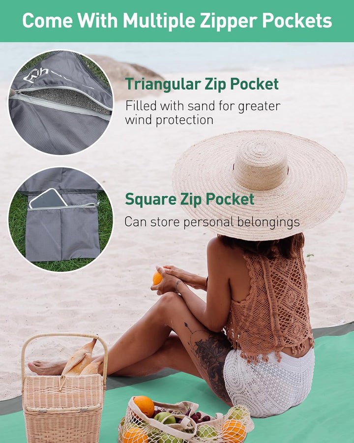 Strandmatte Stranddecke Sandfrei Wasserdicht, Super Gross 210 x 200cm Picknickdecke with 3 Reissvers