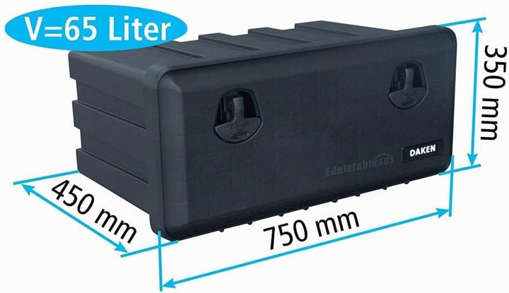 LKW Staukasten aus Kunststoff 750x350x450mm 65 Liter, Edelstahlhaus, Werkzeugkasten, Unterbaubox für